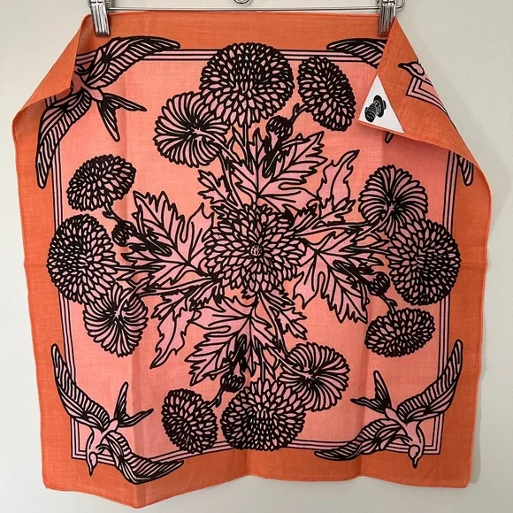 Pink Floral Cotton Bandana with Birds Swallows and Chrysanthemums; Summertime - Picture 2 of 4